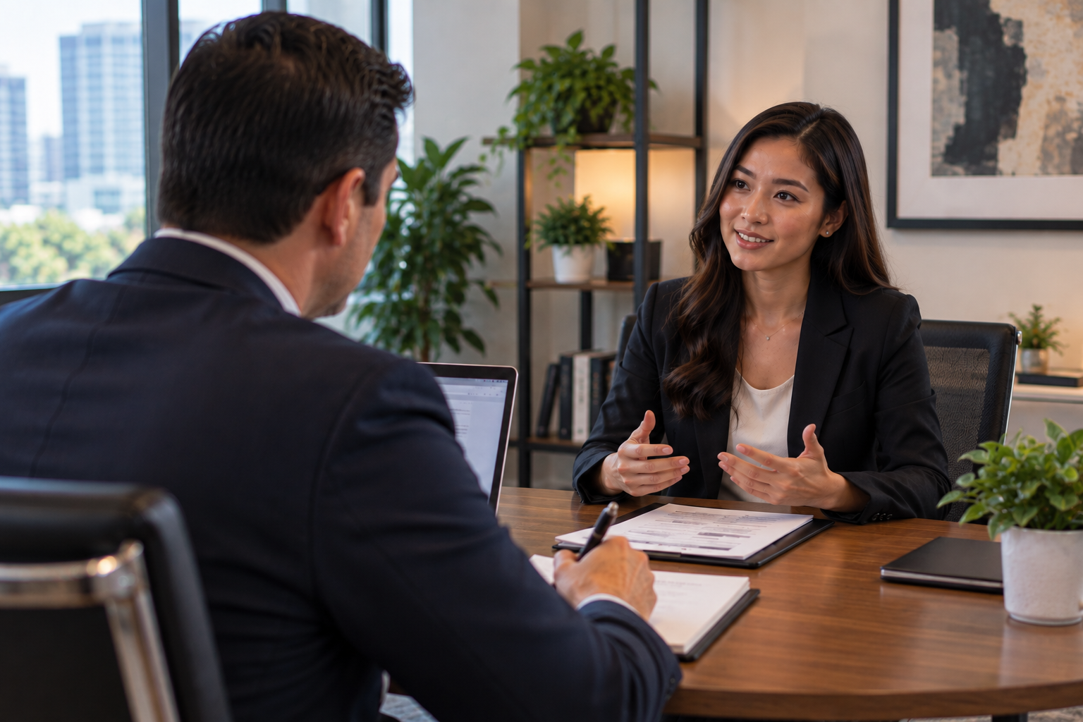 Filipina attorney interviewing with a U.S. law firm professional in a modern office.