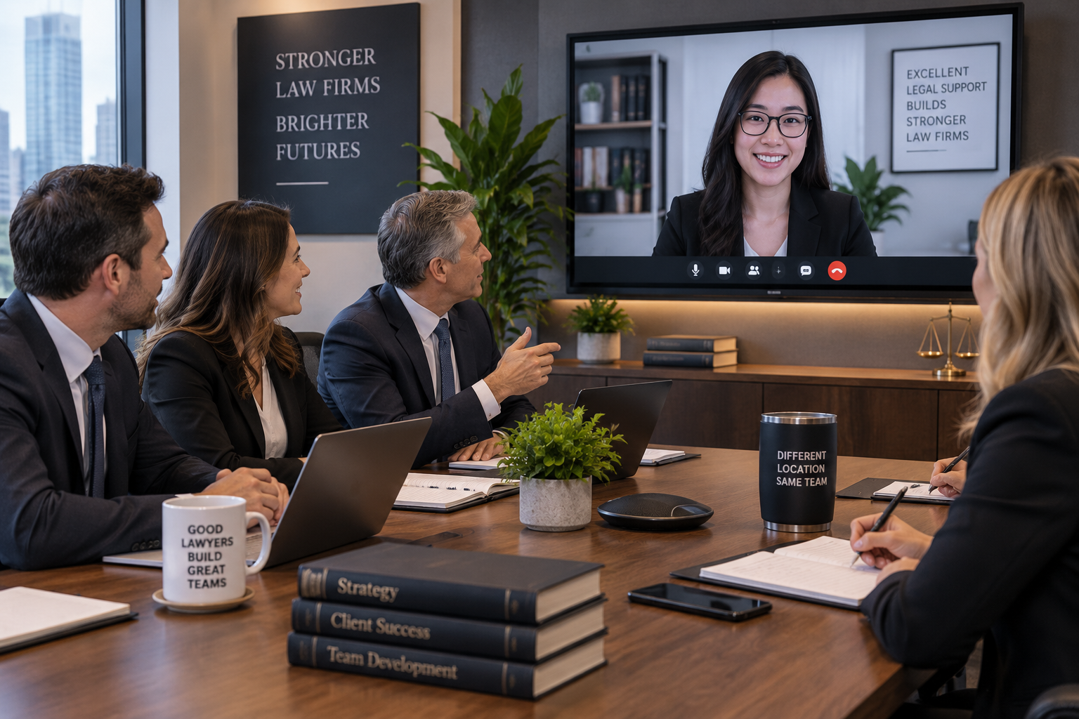 U.S. law firm team meeting with their dedicated Filipina attorney by video conference as part of the firm’s legal team.