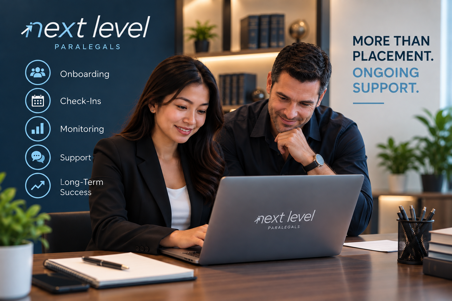 Philippine paralegal and U.S. legal professional reviewing work together on a laptop, representing ongoing training, monitoring, and support from Next Level Paralegals.