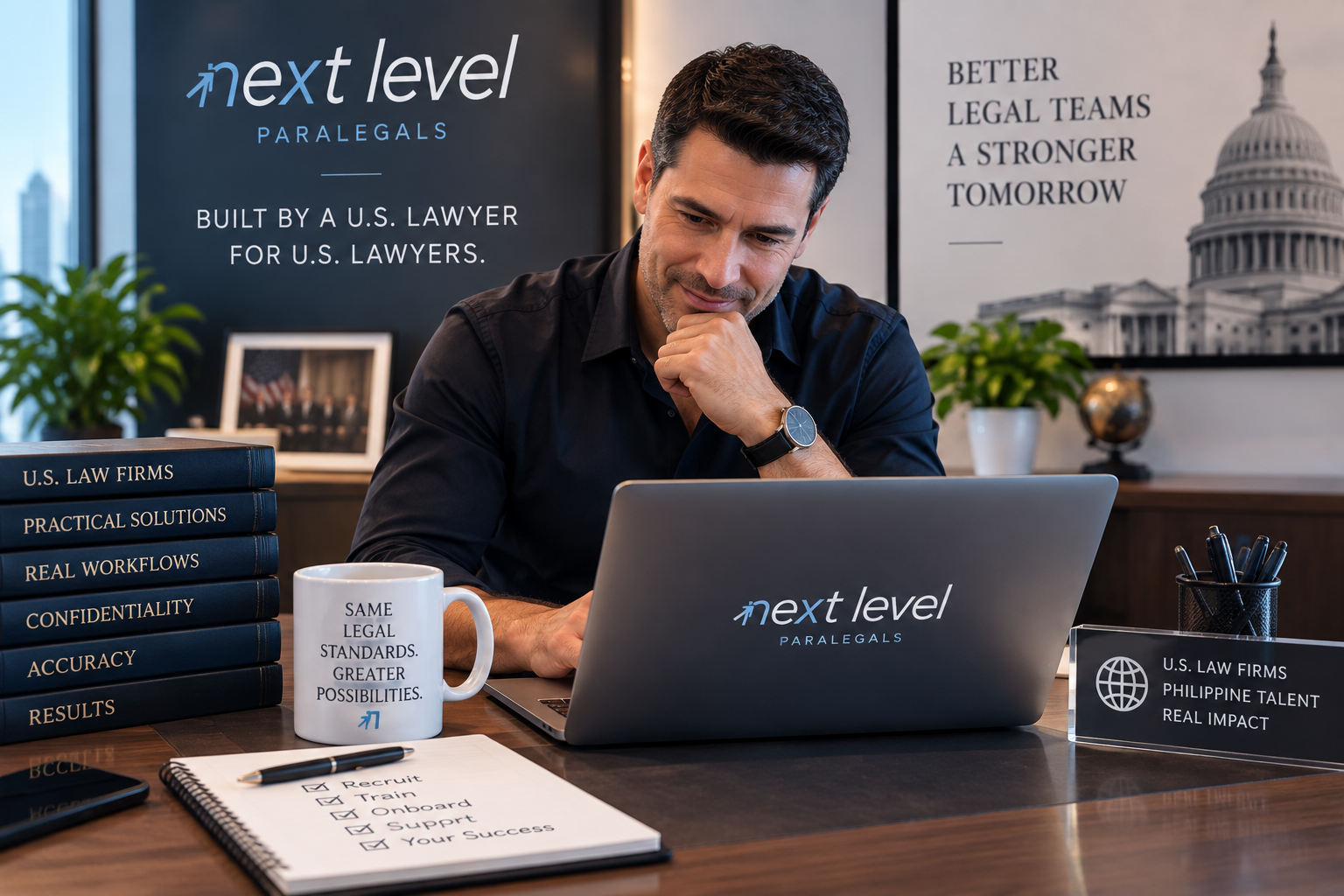U.S. attorney working at a laptop in a law office, representing Next Level Paralegals’ lawyer-built approach to supporting U.S. law firms