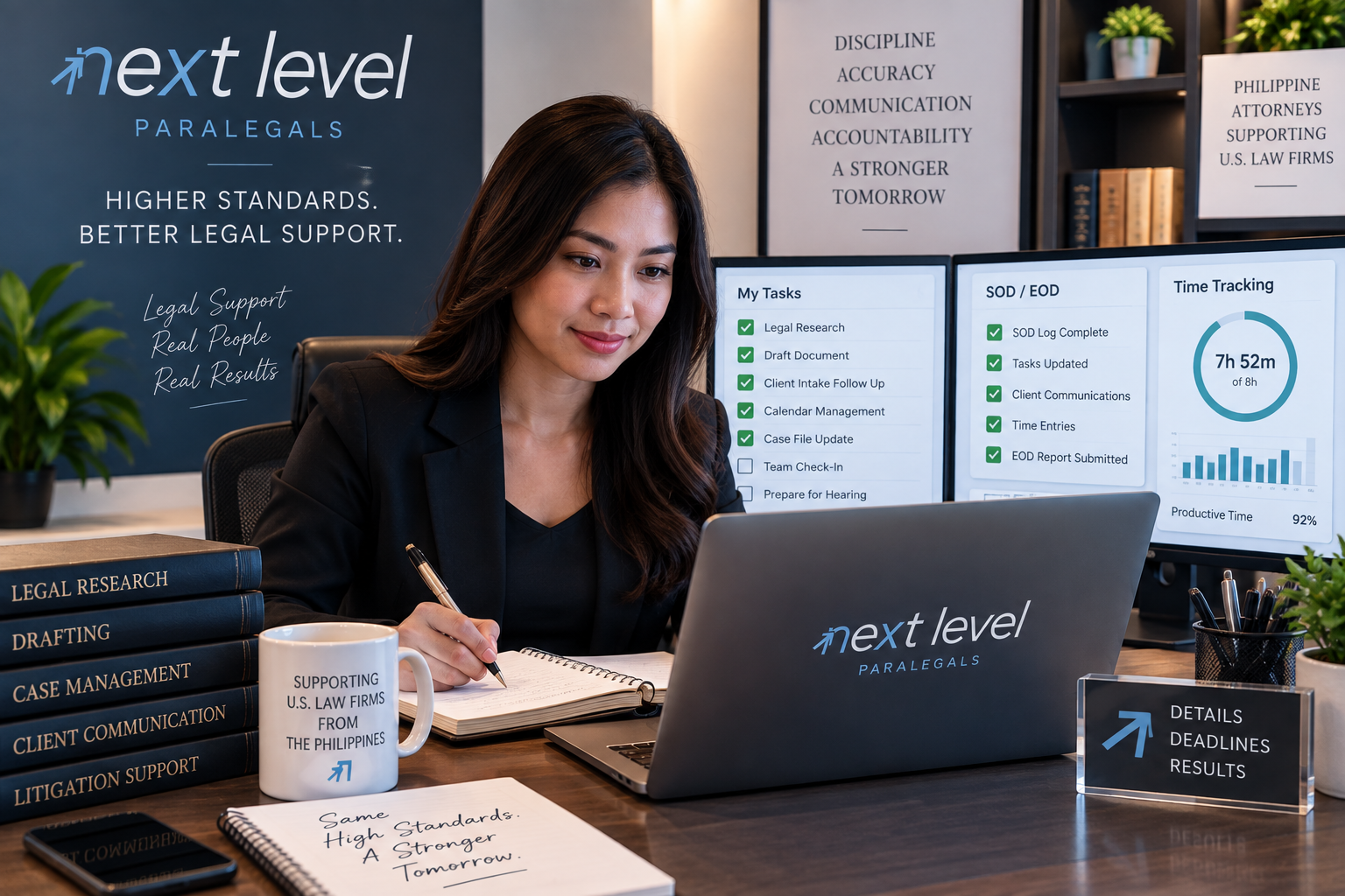 U.S. attorney working with his team while a dedicated Philippine paralegal provides remote legal support by video.