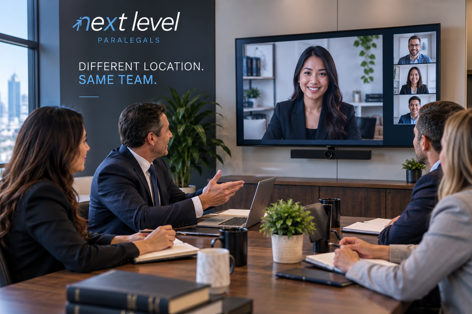 U.S. law firm team meeting with a dedicated Philippine paralegal by video conference, demonstrating integrated remote legal support.