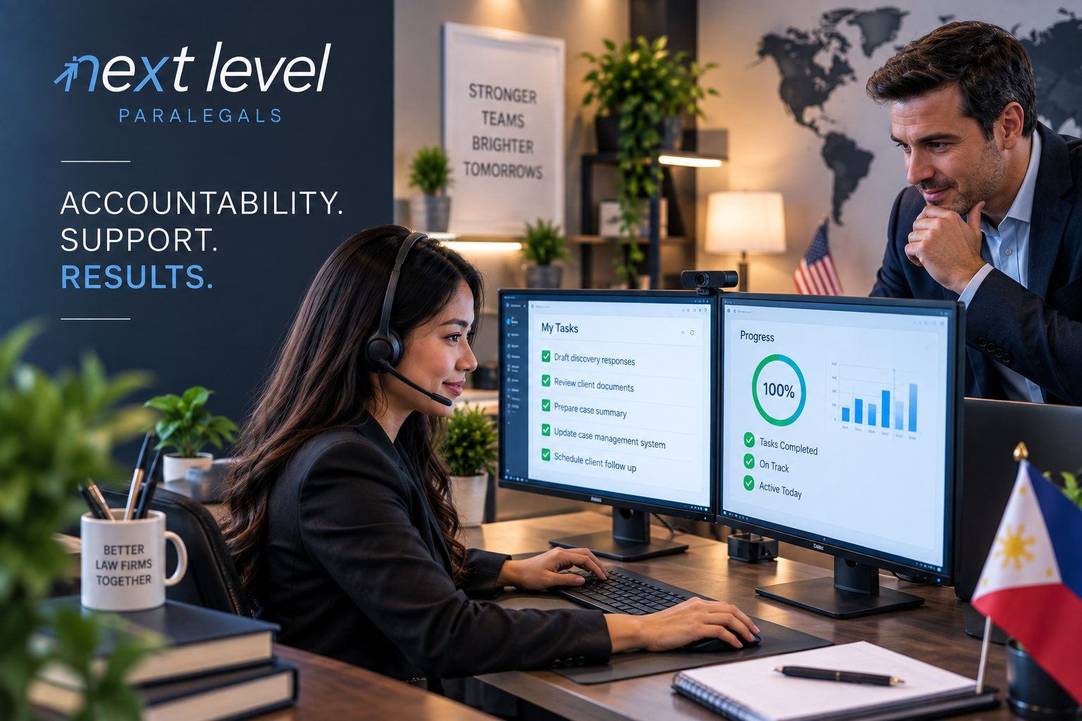 Philippine paralegal working at dual monitors while receiving support and performance guidance, representing Next Level Paralegals’ ongoing accountability and support for U.S. law firms.