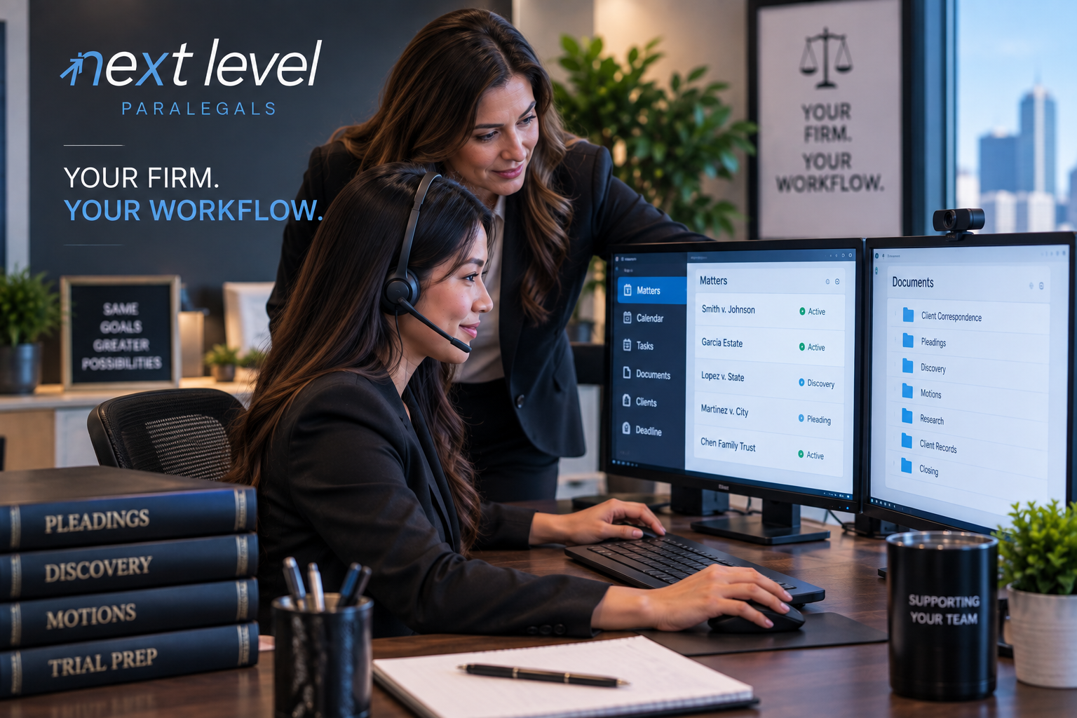 Philippine paralegal receiving training on a U.S. law firm’s case management systems and workflows, representing customized training from Next Level Paralegals.