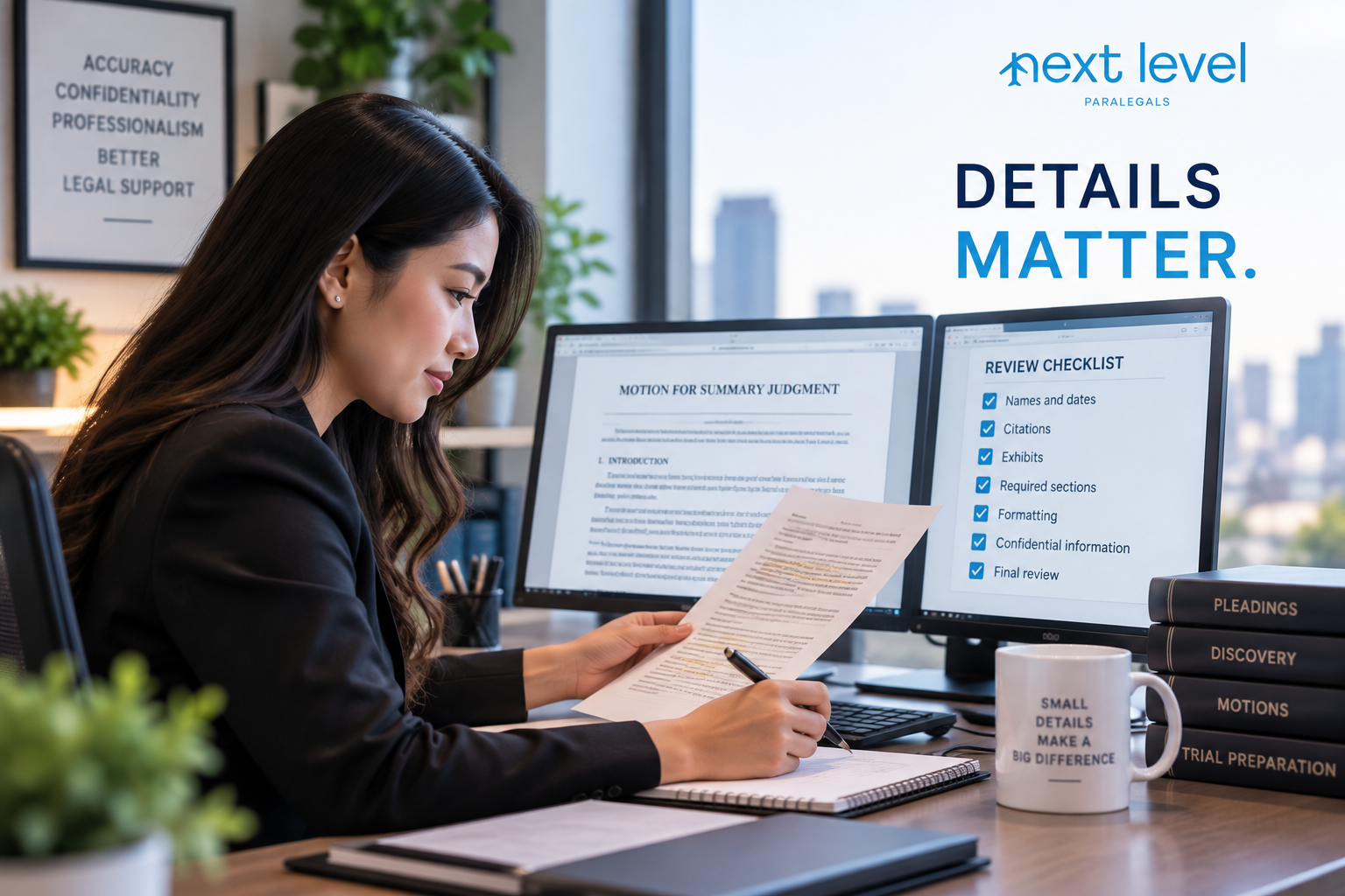 Philippine paralegal carefully reviewing a legal document and checklist, representing accuracy, confidentiality, and attention to detail in supporting U.S. law firms.