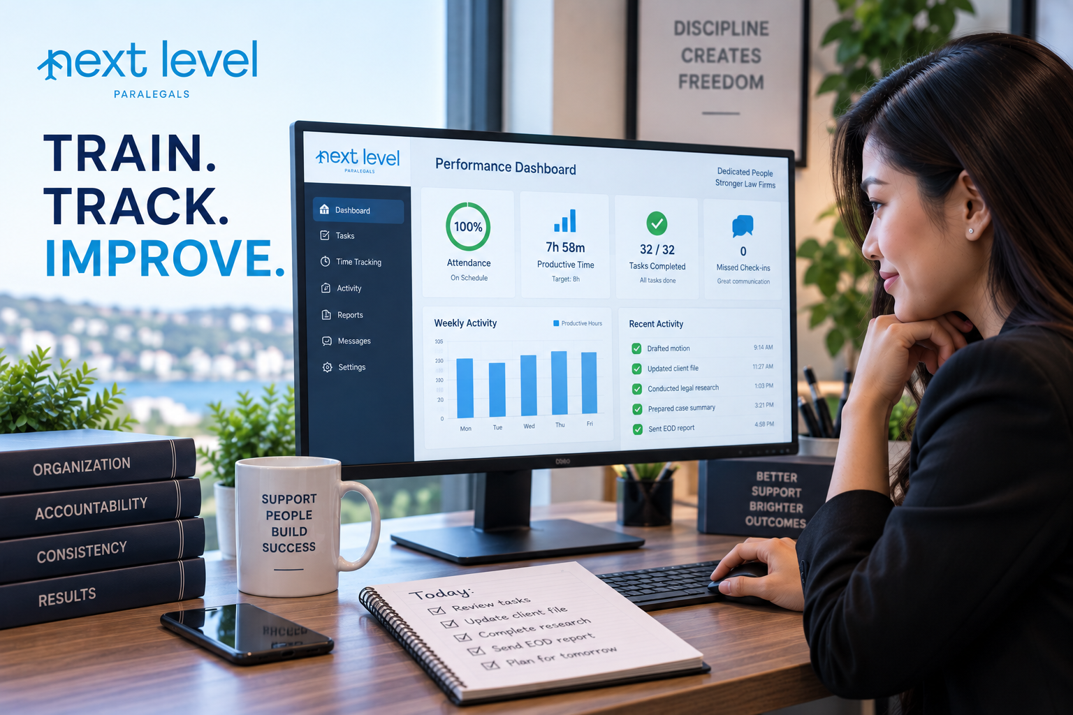 Philippine paralegal reviewing a performance dashboard showing attendance, productivity, and completed tasks, representing the ongoing accountability and performance support provided by Next Level Paralegals.