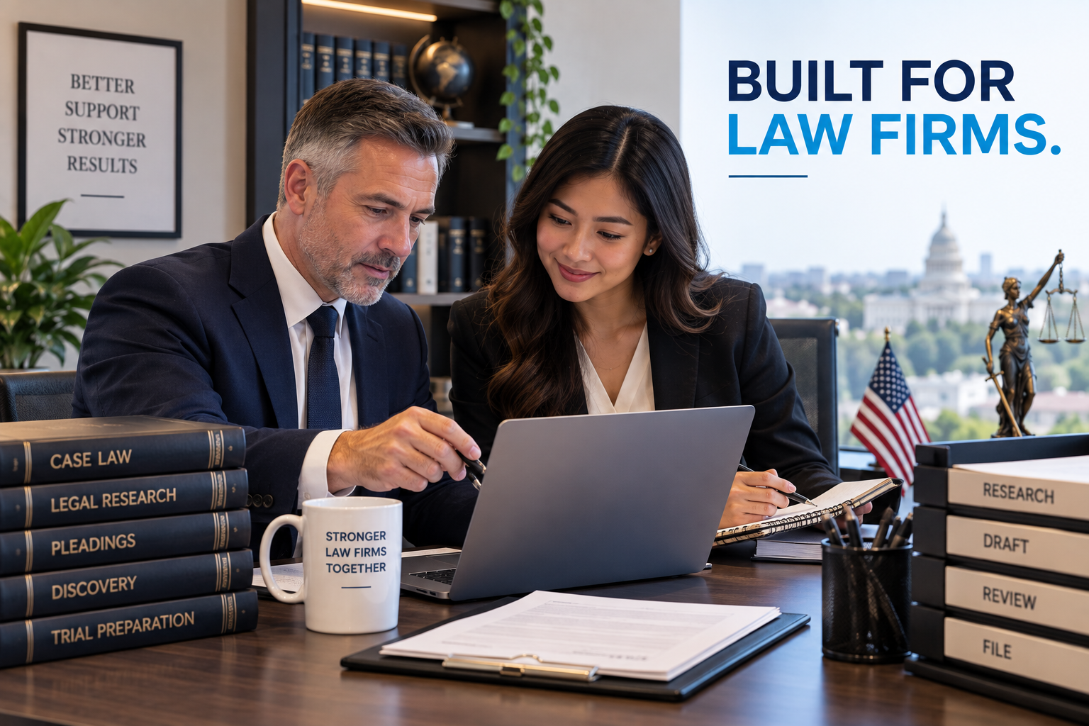 U.S. attorney collaborating with a Philippine paralegal on legal work, representing practical training and support designed around the needs of U.S. law firms.