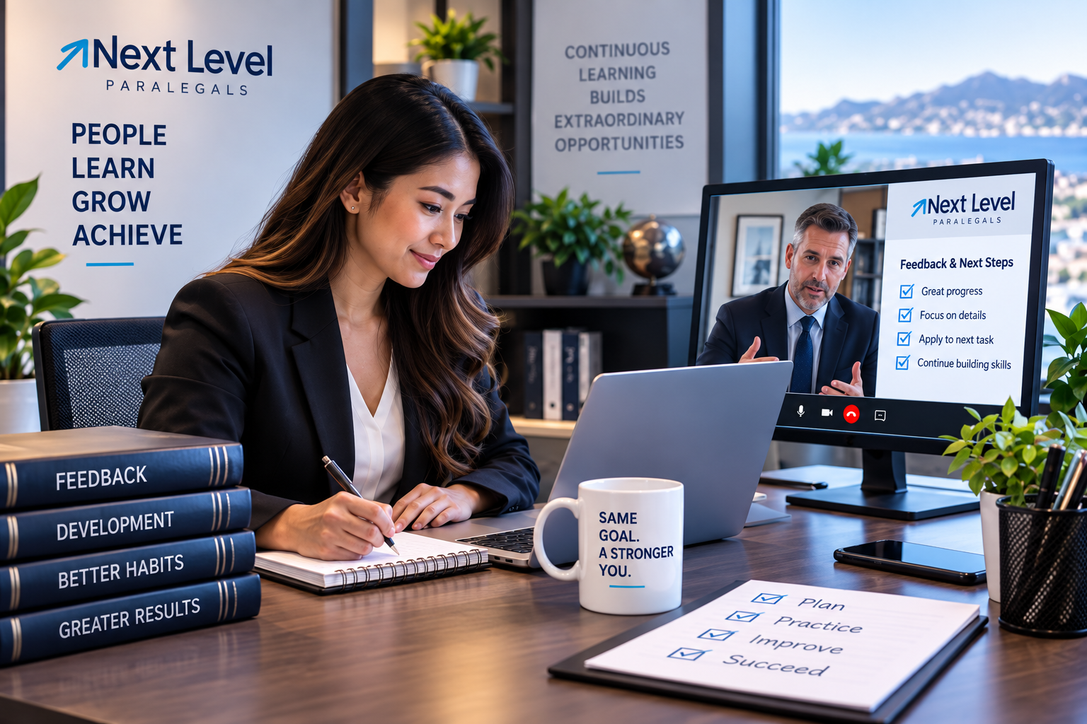 Philippine paralegal receiving feedback from a U.S. attorney during a video meeting, representing ongoing coaching, continuous learning, and professional development at Next Level Paralegals.