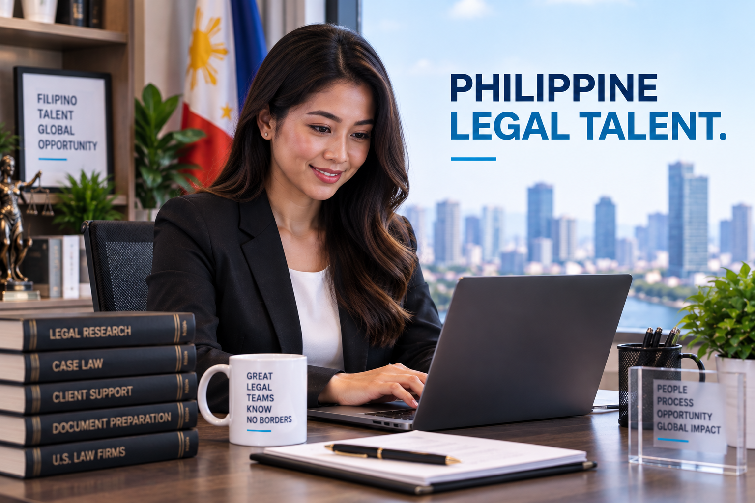 Philippine legal professional working in a modern office, representing the bar-passed attorneys and skilled legal talent Next Level Paralegals provides to U.S. law firms.