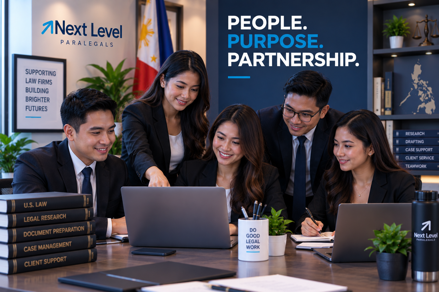 Team of Philippine legal professionals collaborating in a professional office, representing Next Level Paralegals’ commitment to dedicated people, high standards, ongoing support, and long-term partnerships with U.S. law firms.