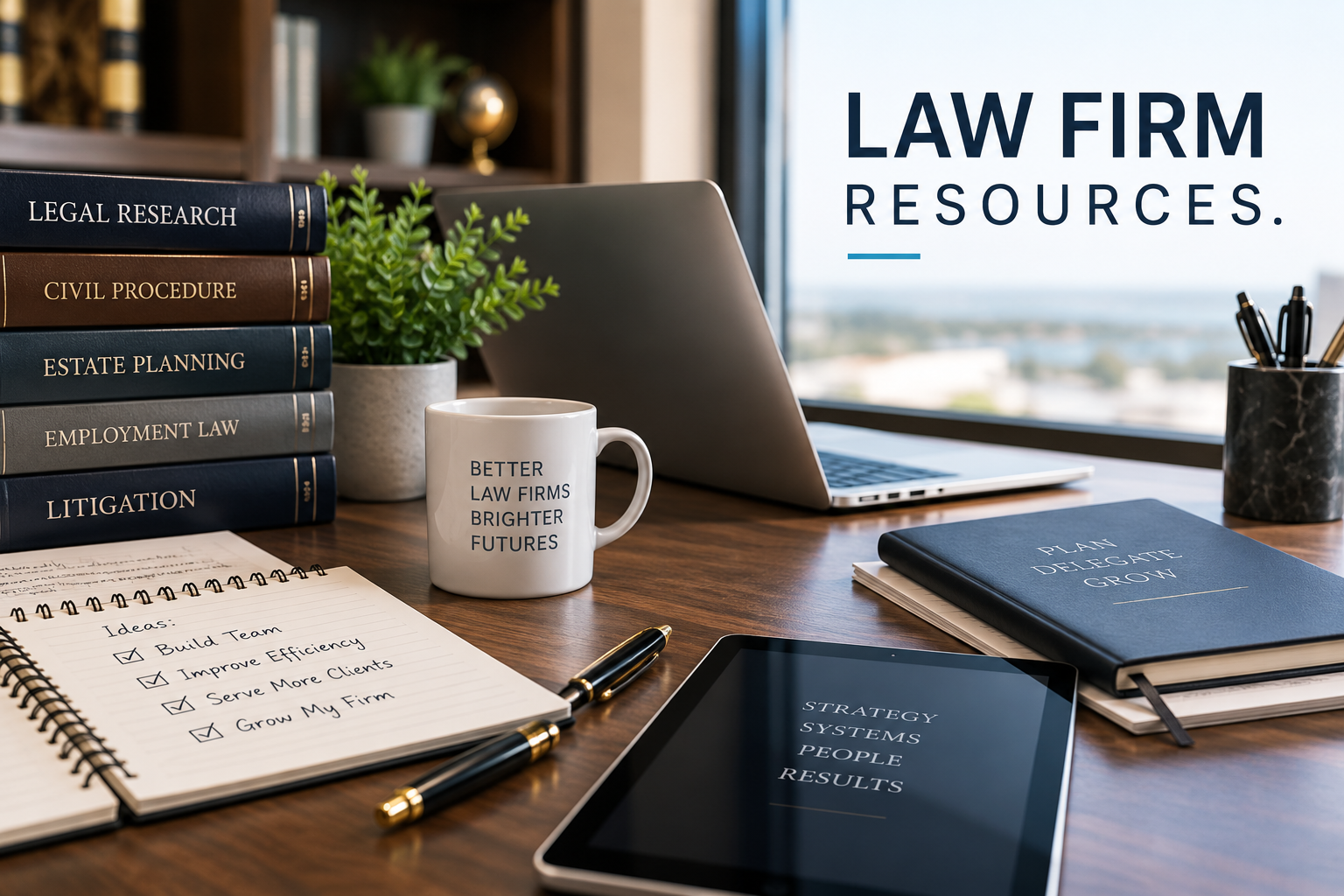 Professional law firm workspace with legal research books, laptop, tablet, and planning materials representing practical resources and guidance for attorneys building stronger legal teams.